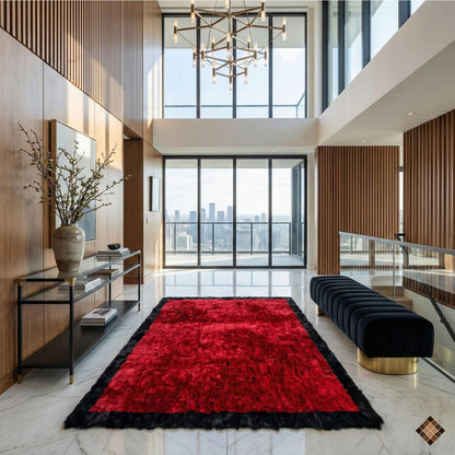 Luxury Handmade Red & Black Rabbit Fur Area Rug