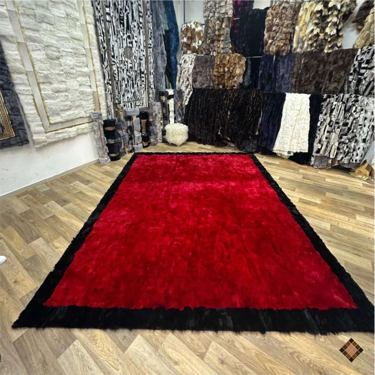 Luxury Handmade Red & Black Rabbit Fur Area Rug