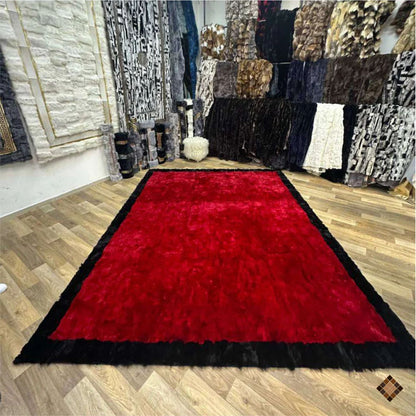 Luxury Handmade Red & Black Rabbit Fur Area Rug