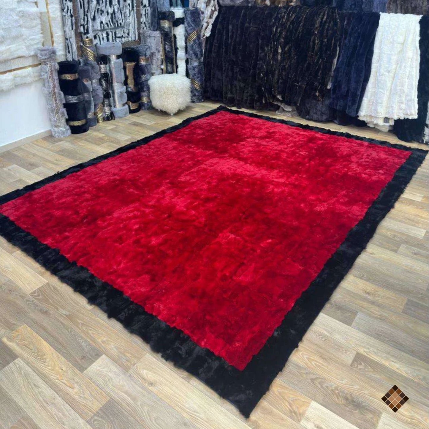 Luxury Handmade Red & Black Rabbit Fur Area Rug