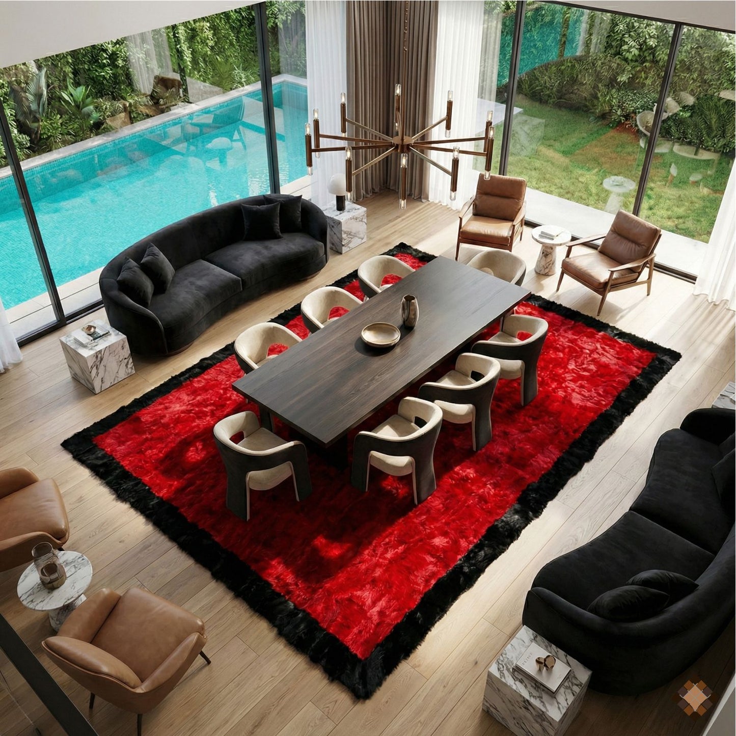 Luxury Handmade Red & Black Rabbit Fur Area Rug