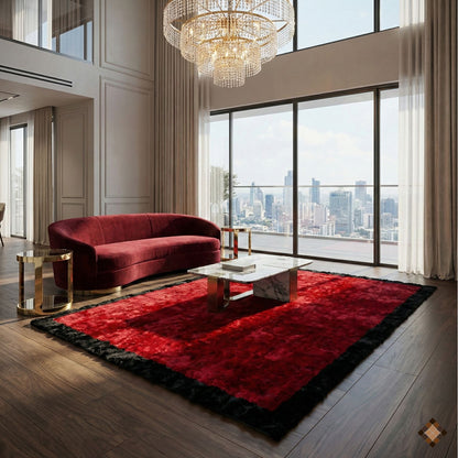 Luxury Handmade Red & Black Rabbit Fur Area Rug