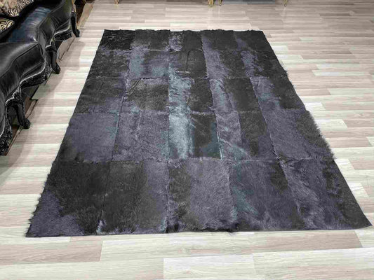 Luxury Hanmdade Black Goatskin Area Rug, Natural Living Room Carpet