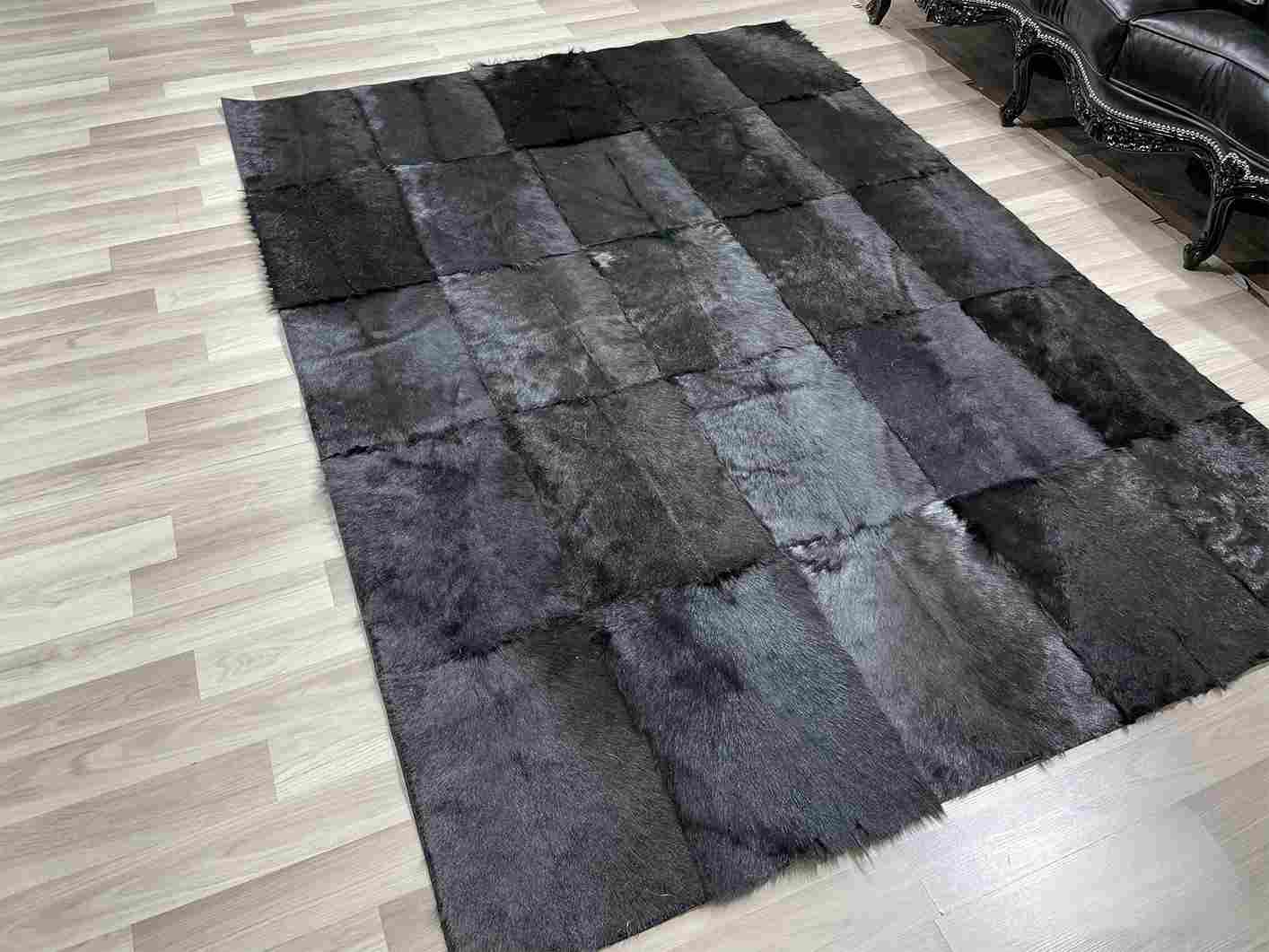 Luxury Hanmdade Black Goatskin Area Rug, Natural Living Room Carpet