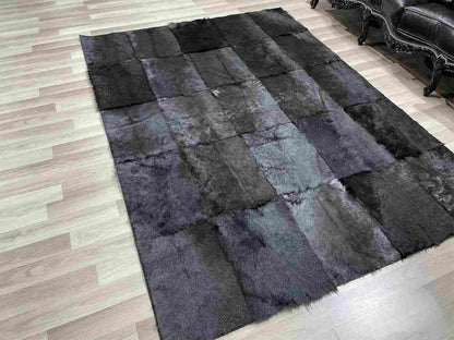 Luxury Hanmdade Black Goatskin Area Rug, Natural Living Room Carpet