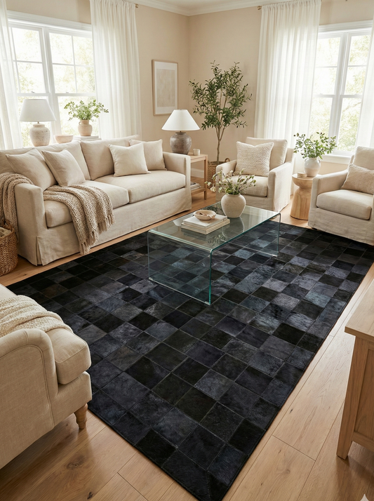 Luxury Natural Cowhide Patchwork rug for Living Room Decor, Black Area Rug