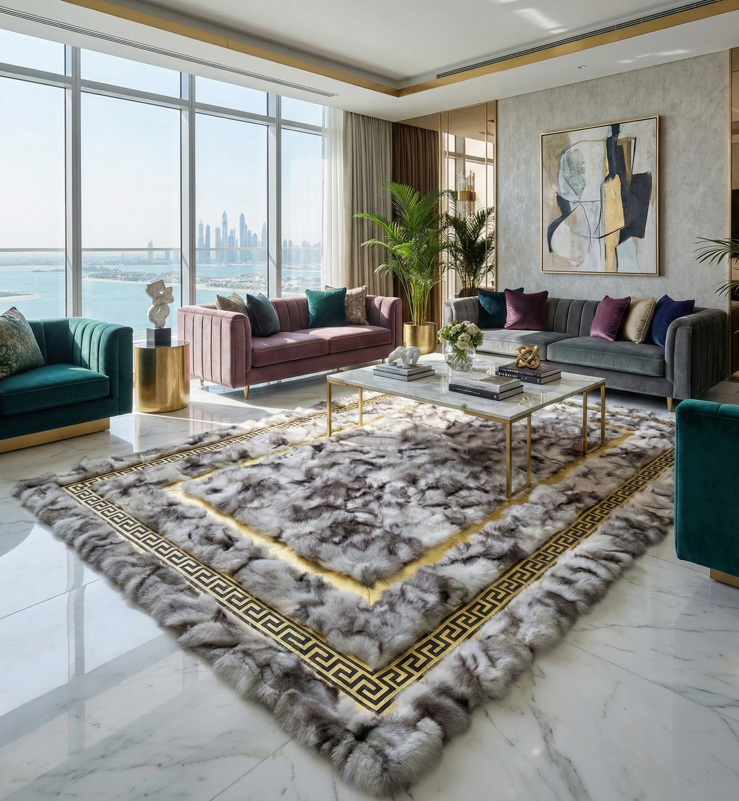 Luxury Patchwork Fox  Fur Rug with Gold Greek Key Border - Modern Opulent Decor