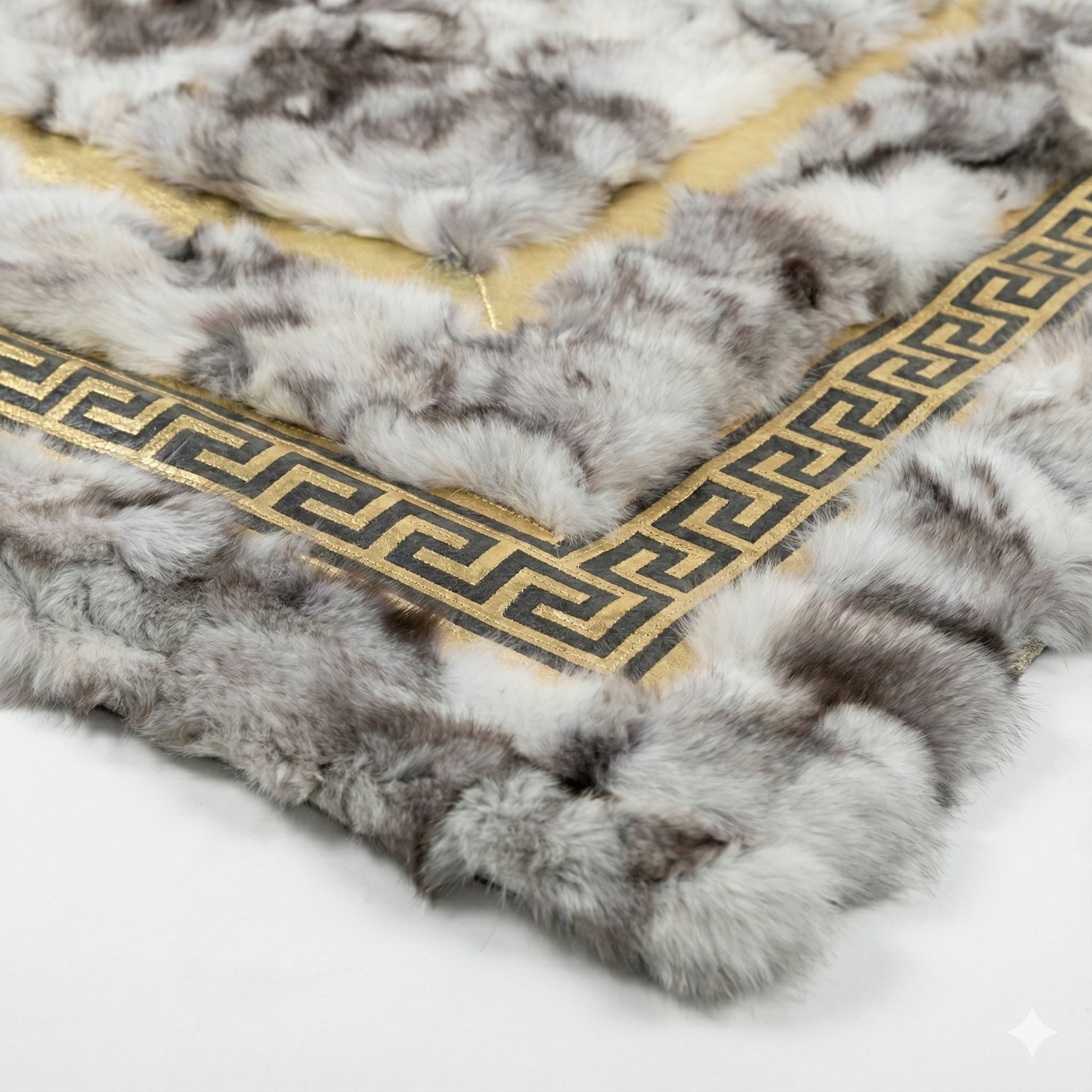 Luxury Patchwork Fox  Fur Rug with Gold Greek Key Border - Modern Opulent Decor