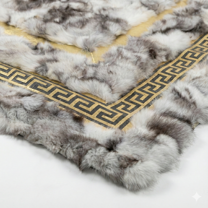 Luxury Patchwork Fox  Fur Rug with Gold Greek Key Border - Modern Opulent Decor