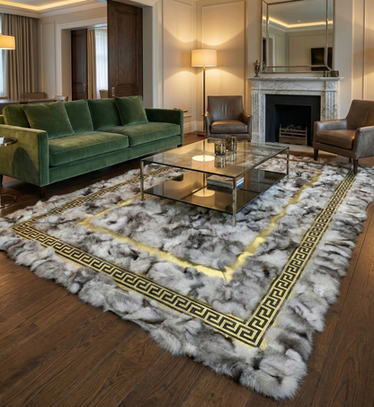 Luxury Patchwork Fox  Fur Rug with Gold Greek Key Border - Modern Opulent Decor