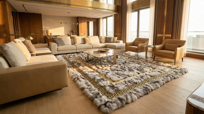 Luxury Patchwork Fox  Fur Rug with Gold Greek Key Border - Modern Opulent Decor