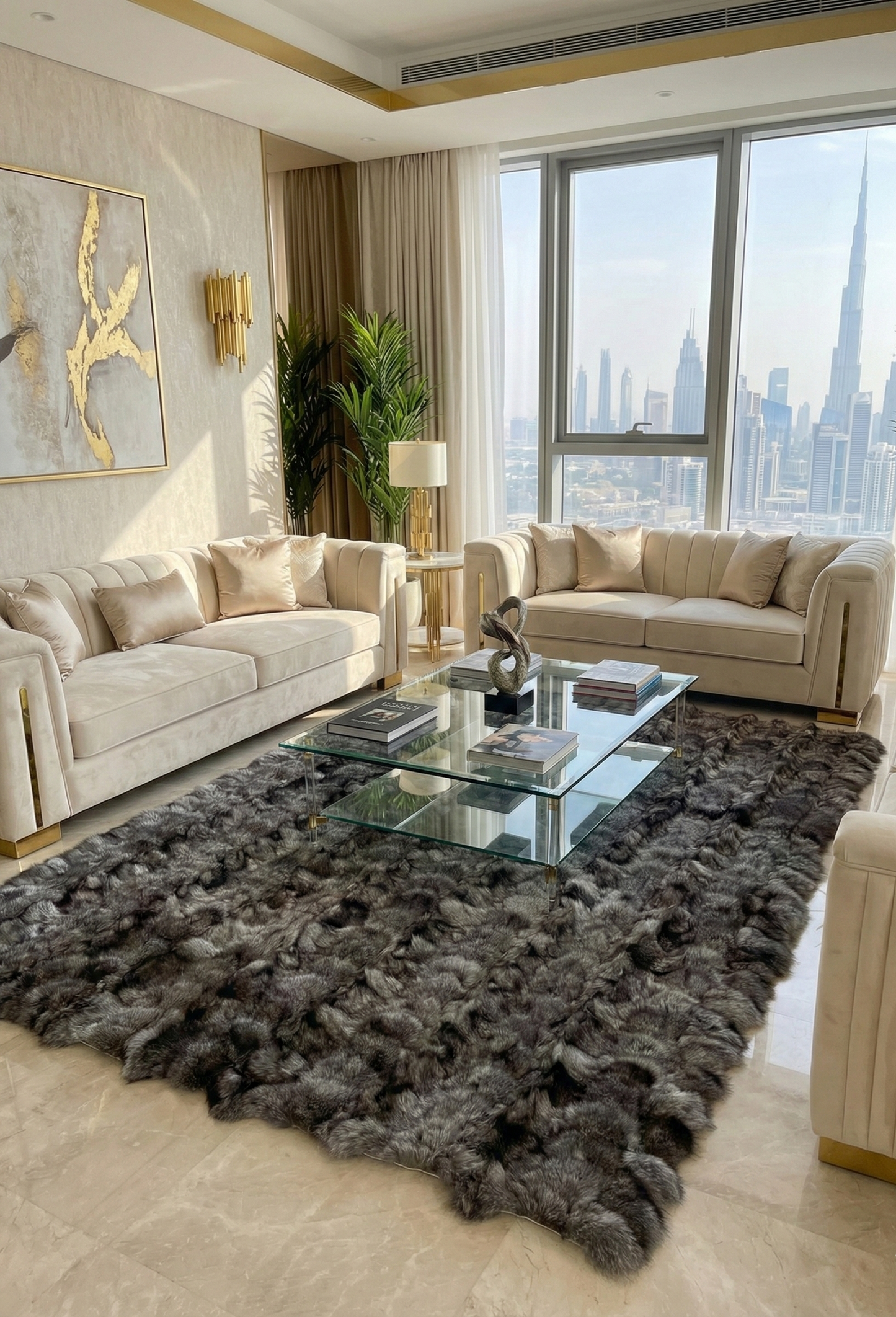 Luxury Patchwork Gray  Fox  Fur Rug  - Modern Opulent Decor