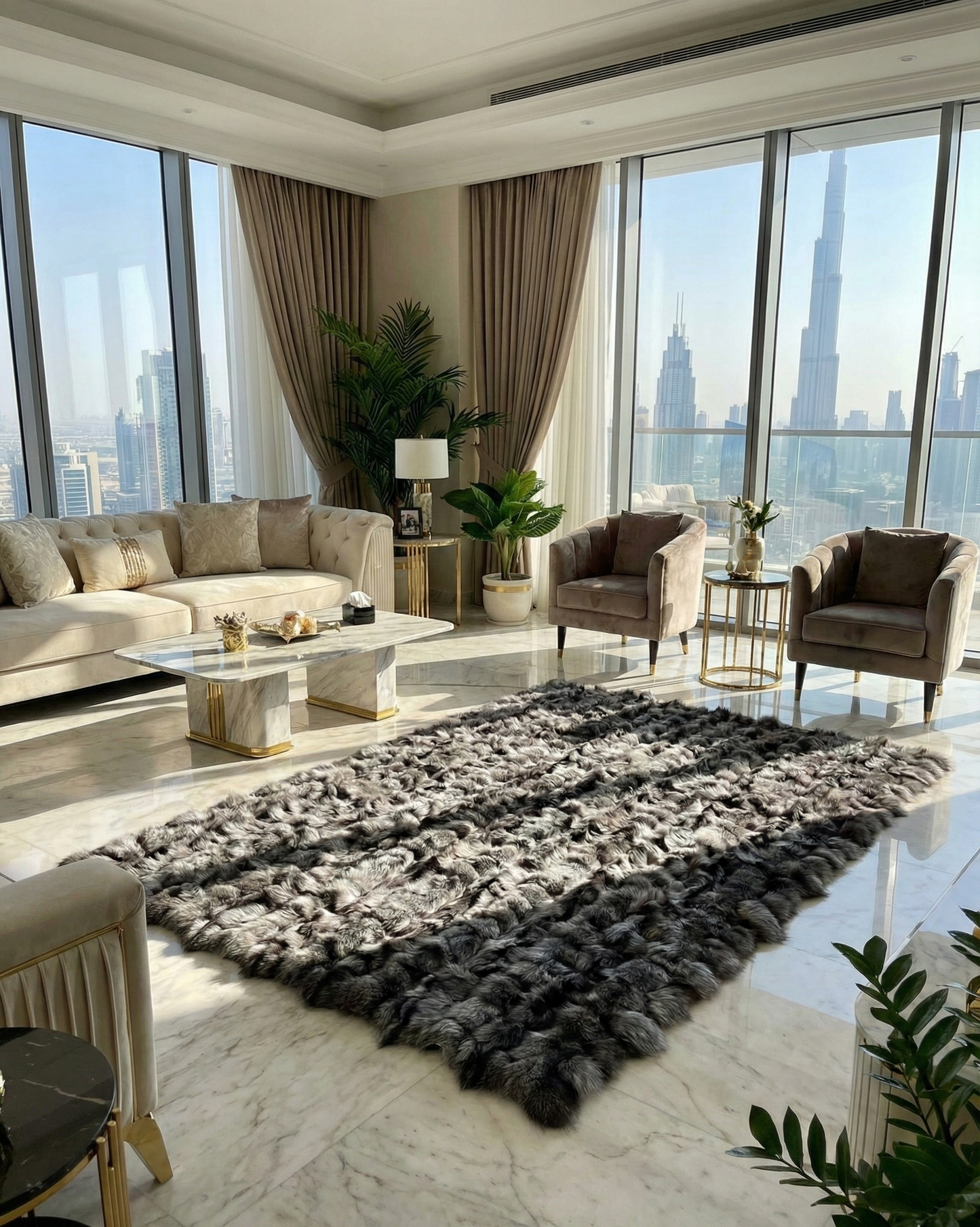 Luxury Patchwork Gray  Fox  Fur Rug  - Modern Opulent Decor