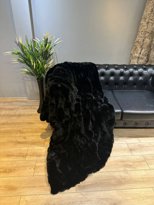 Luxury Rex Rabbit Fur Blanket Throw Black  Handmade Fur Cover Bedspread