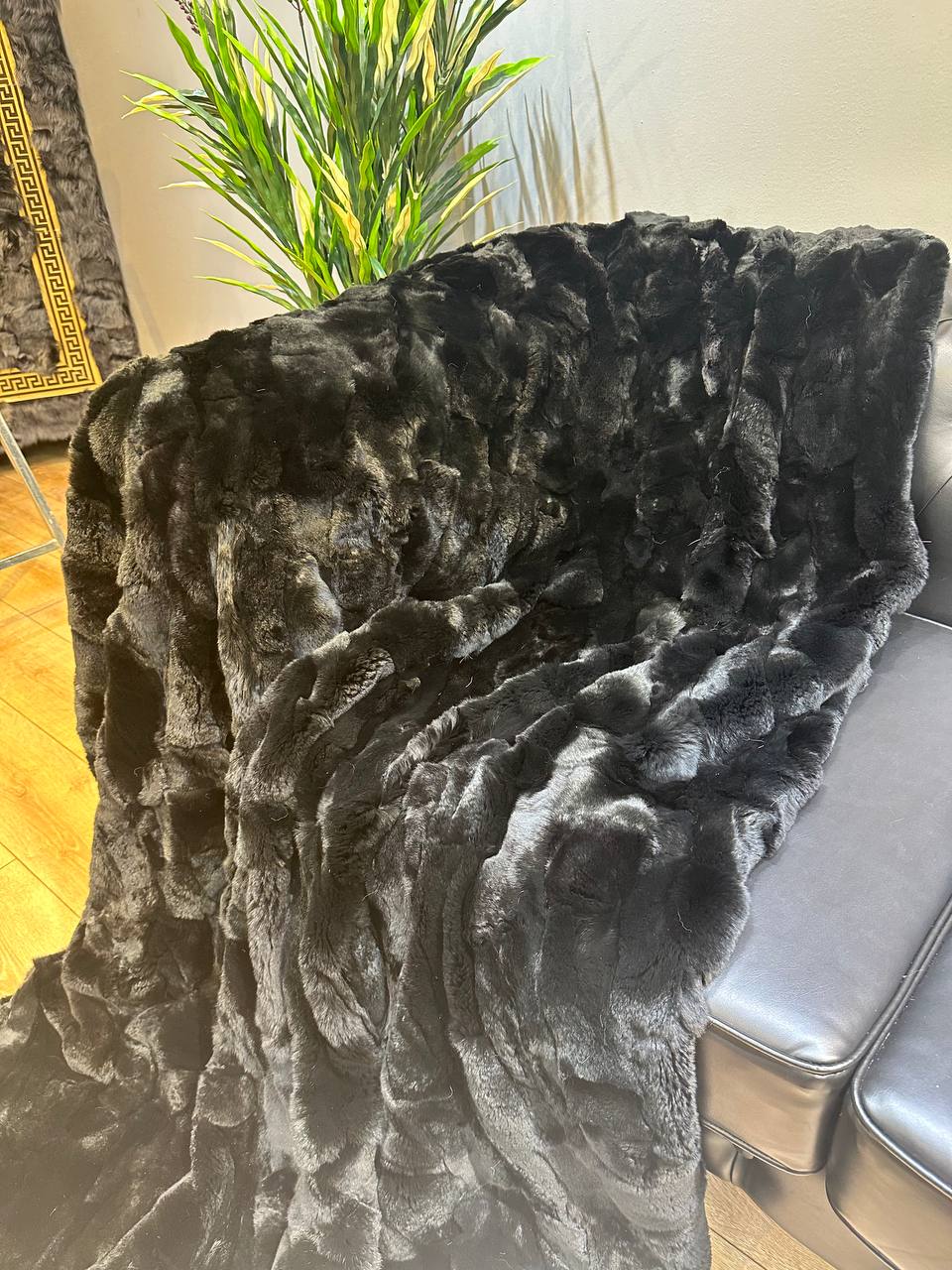 Luxury Rex Rabbit Fur Blanket Throw Black  Handmade Fur Cover Bedspread