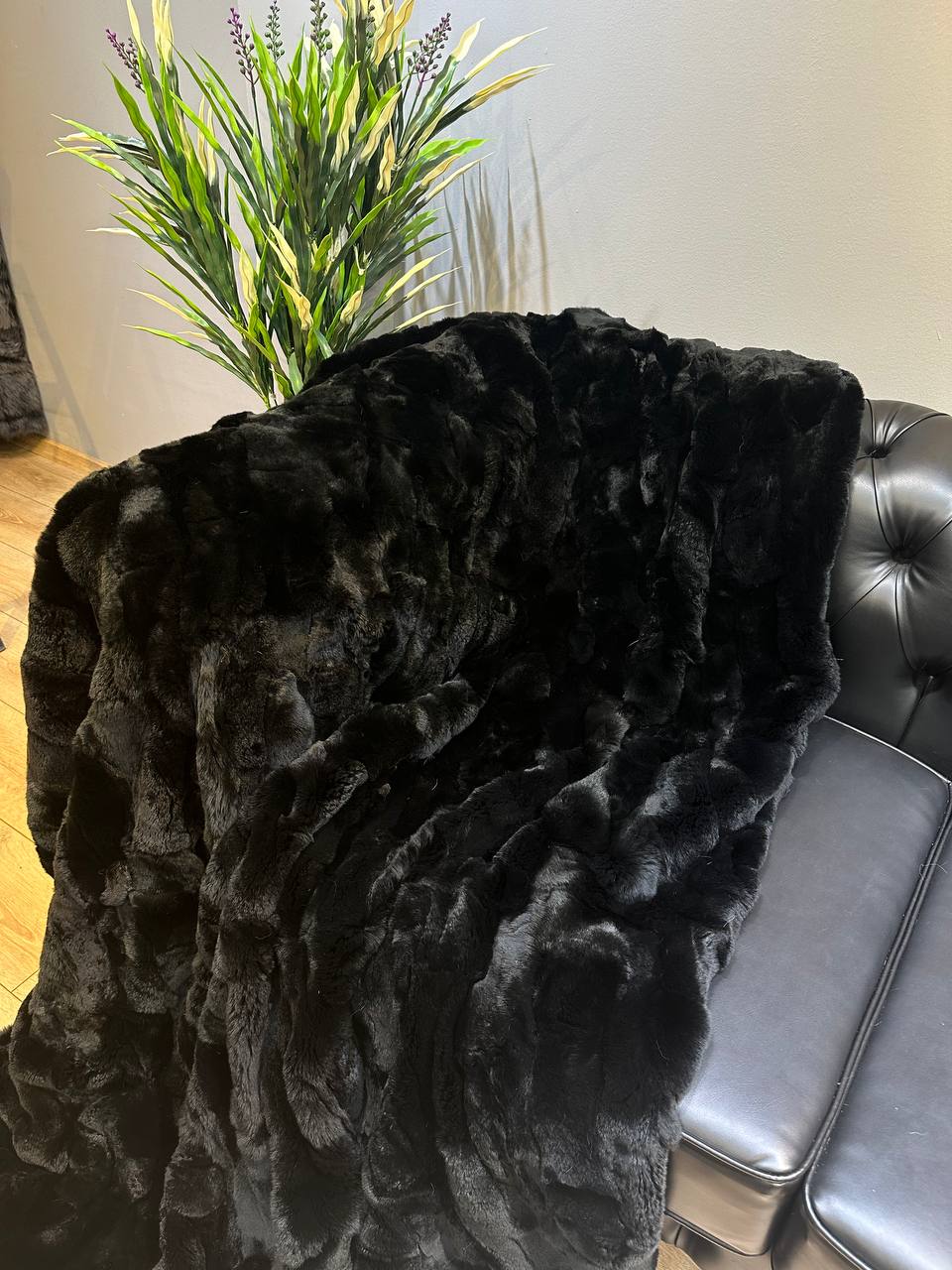 Luxury Rex Rabbit Fur Blanket Throw Black  Handmade Fur Cover Bedspread