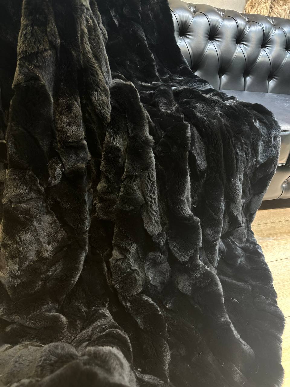 Luxury Rex Rabbit Fur Blanket Throw Black  Handmade Fur Cover Bedspread