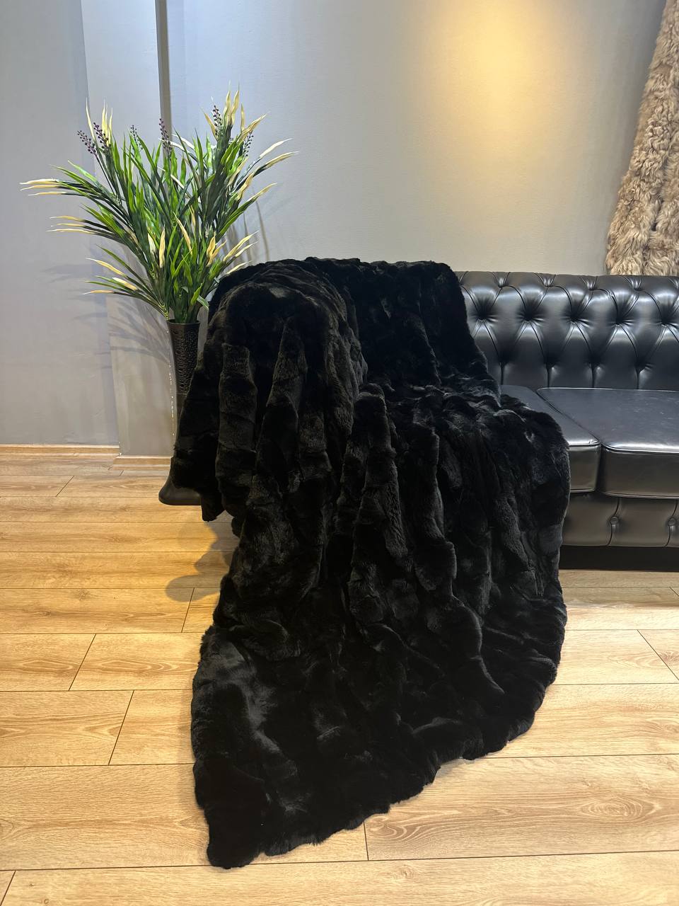 Luxury Rex Rabbit Fur Blanket Throw Black  Handmade Fur Cover Bedspread