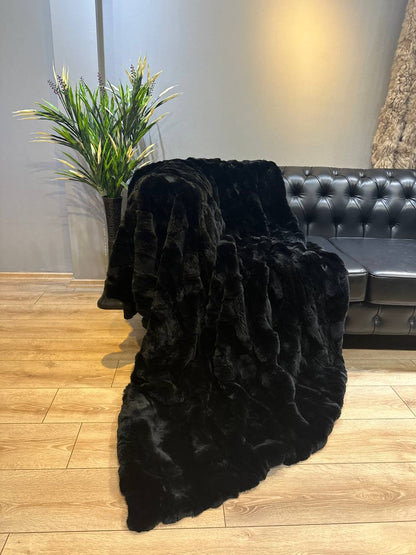 Luxury Rex Rabbit Fur Blanket Throw Black  Handmade Fur Cover Bedspread
