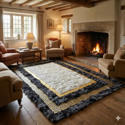 Ivory Center Sheepskin Rug with Charcoal Border & Gold Greek Key