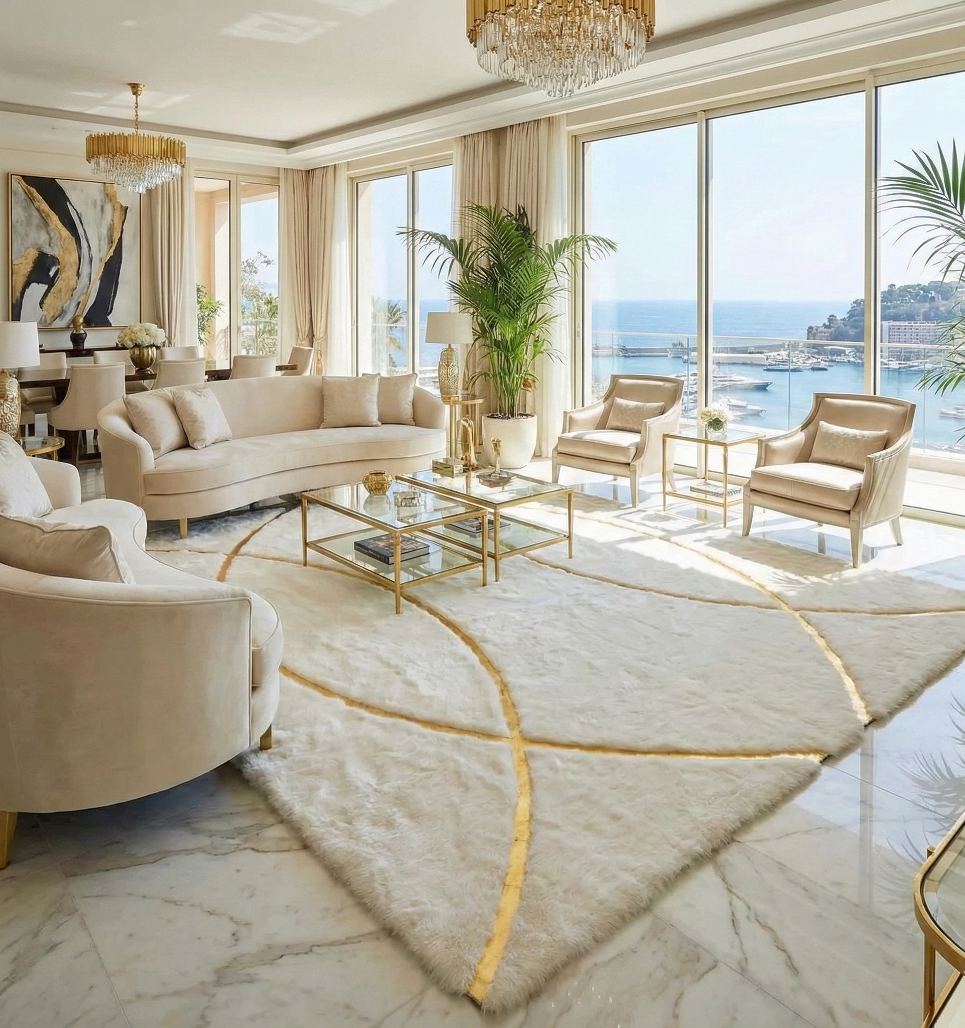 Luxury white and gold fluffy plush rug in elegant modern living room with ocean view