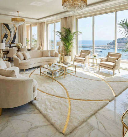 Luxury white and gold fluffy plush rug in elegant modern living room with ocean view