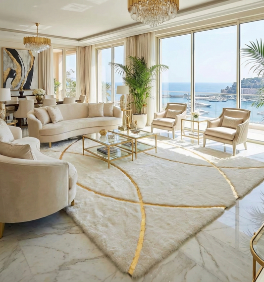 Luxury white and gold fluffy plush rug in elegant modern living room with ocean view