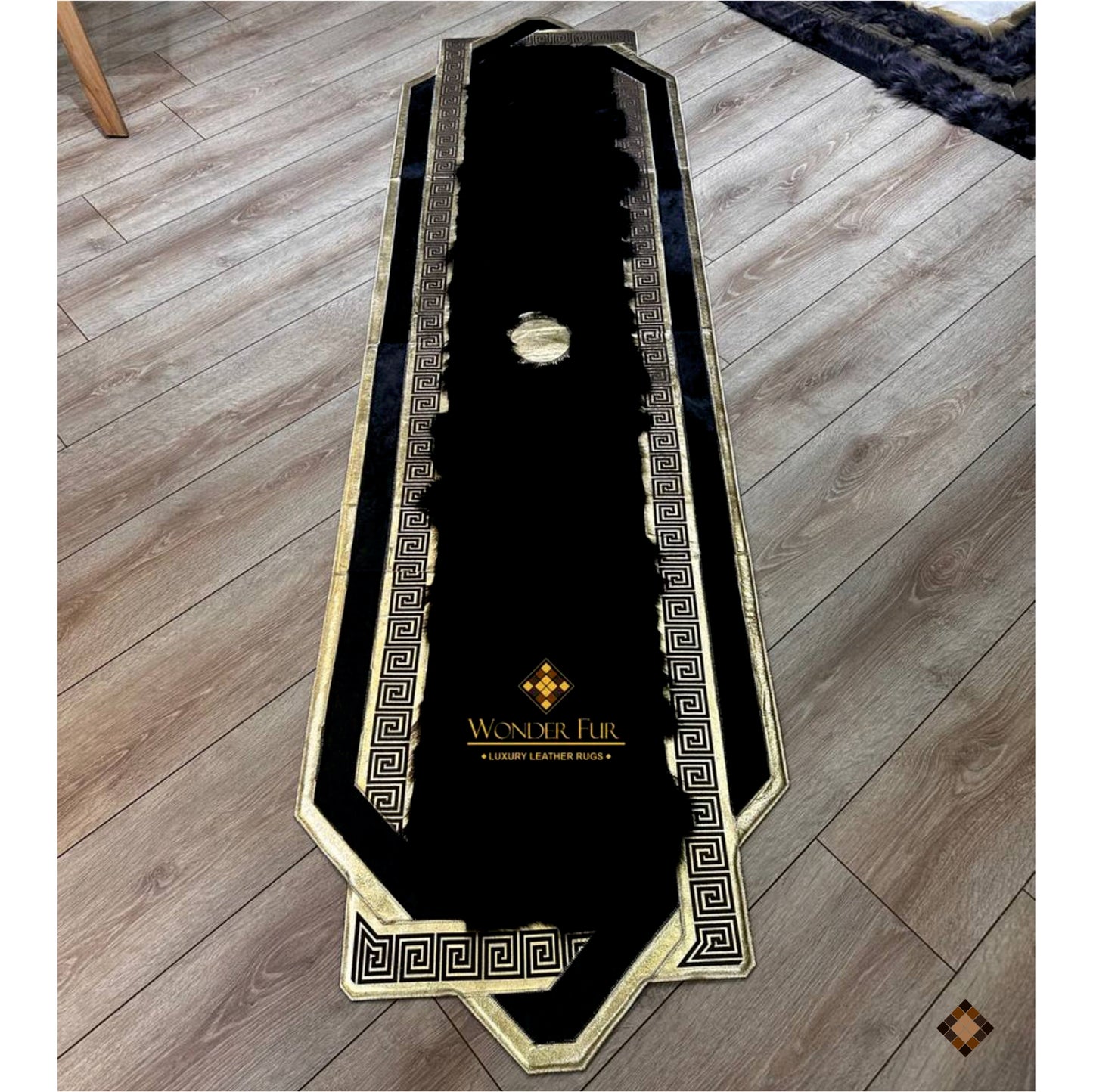 Midnight Black & Gold Handmade Genuine Sheepskin Runner Rug with Greek Key Bor - WONDERFURRUG
