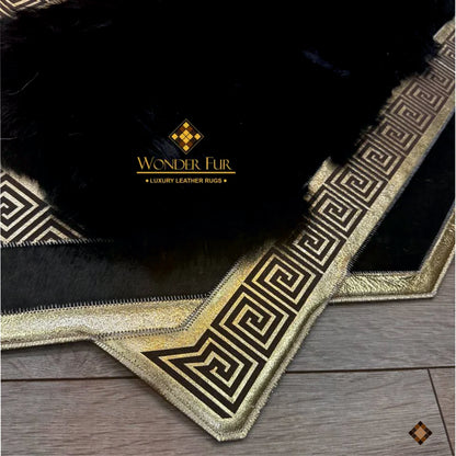 Midnight Black & Gold Handmade Genuine Sheepskin Runner Rug with Greek Key Bor - WONDERFURRUG
