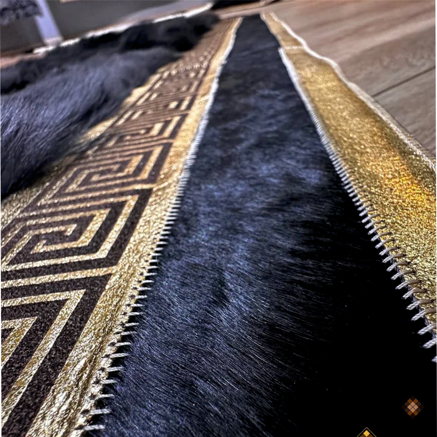 Midnight Black & Gold Handmade Genuine Sheepskin Runner Rug with Greek Key Bor - WONDERFURRUG