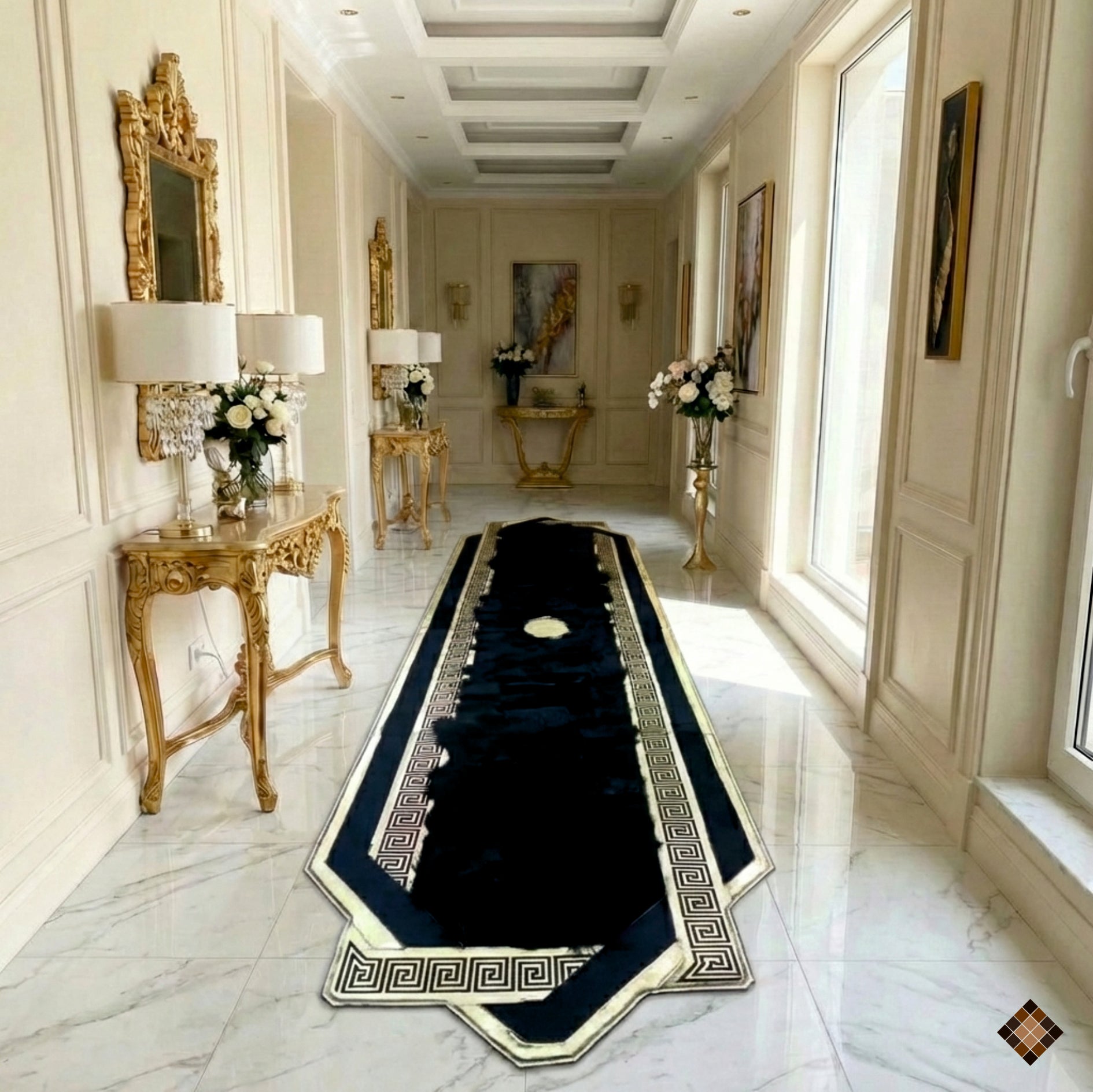 Handmade genuine black sheepskin runner with bold gold accents. Custom sizes available. Elevate your hallway with refined warmth and luxury.