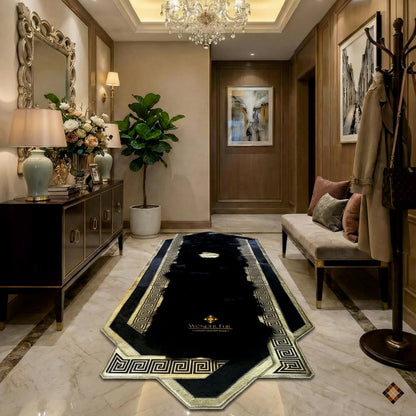Midnight Black & Gold Handmade Genuine Sheepskin Runner Rug with Greek Key Bor - WONDERFURRUG