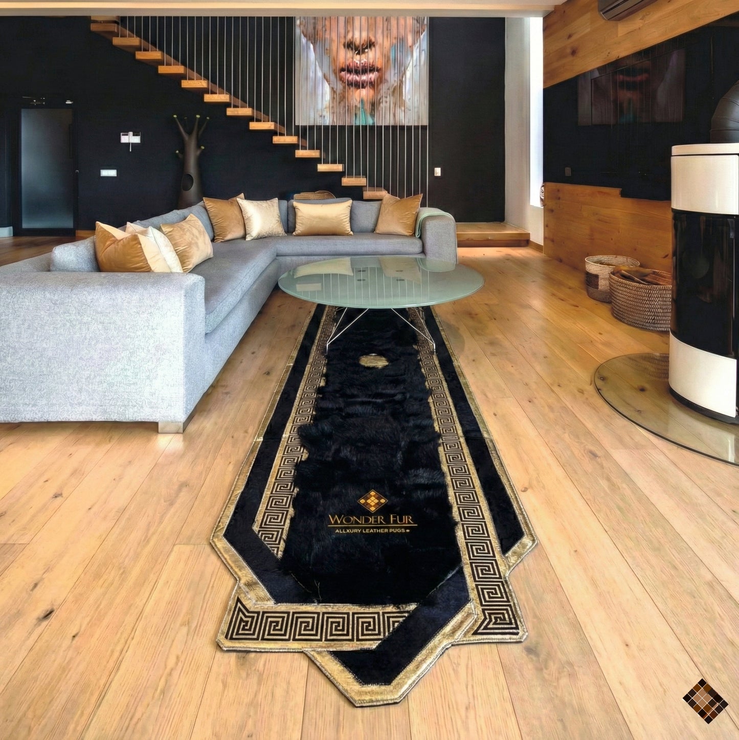 Midnight Black & Gold Handmade Genuine Sheepskin Runner Rug with Greek Key Bor - WONDERFURRUG