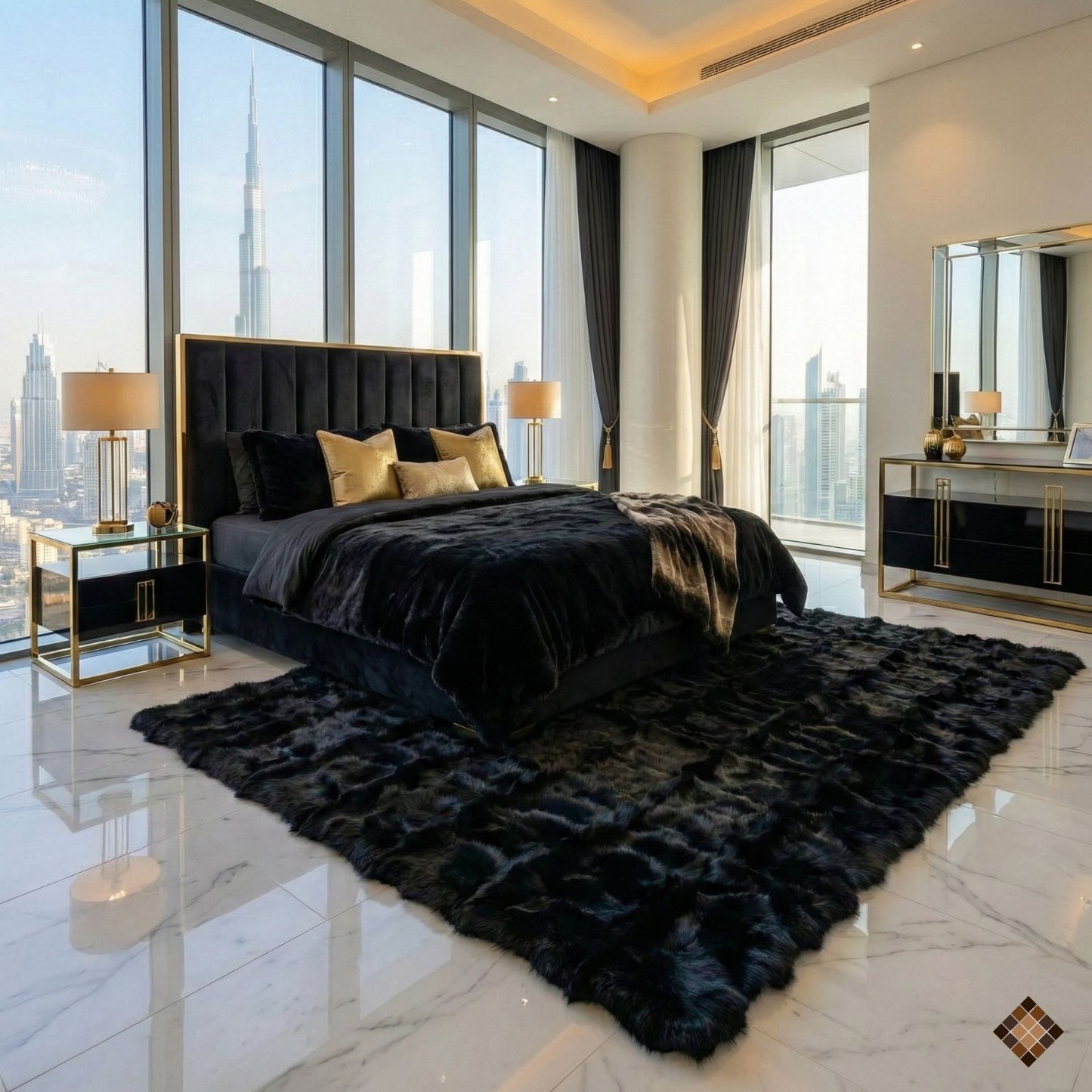 Luxury Handmade Black Fox Fur Area Rug