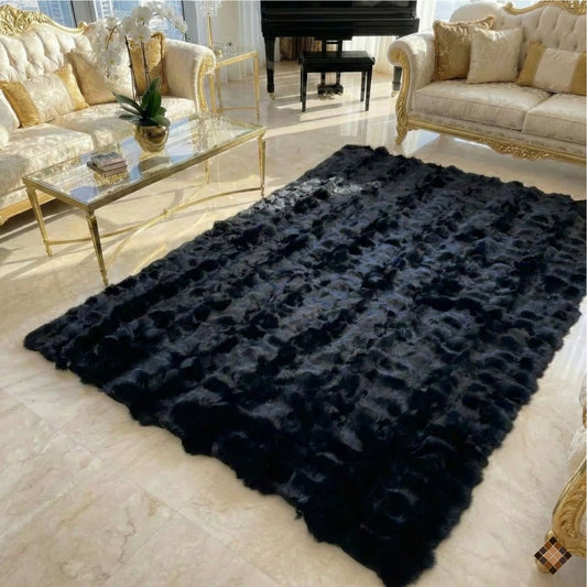 Luxury Handmade Black Fox Fur Area Rug