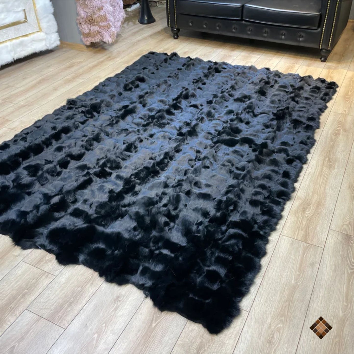 Luxury Handmade Black Fox Fur Area Rug