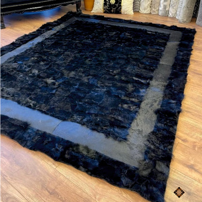 Midnight Black Luxury Sheepskin Area Rug with Sculpted Border Frame