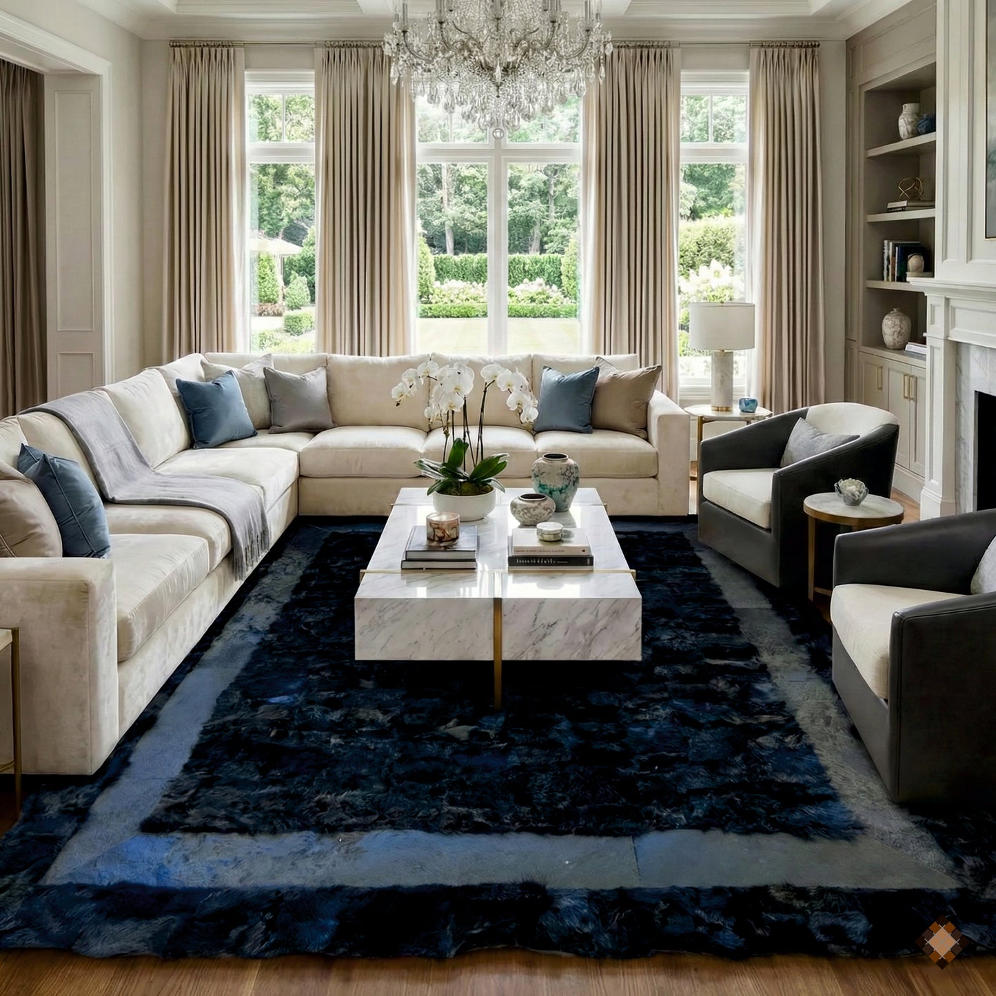 Midnight Black Luxury Sheepskin Area Rug with Sculpted Border Frame