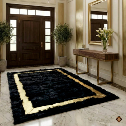 Midnight Black Sheepskin Area Rug with Gold Border Accent – Custom Luxury Statement Piece - WONDERFURRUG