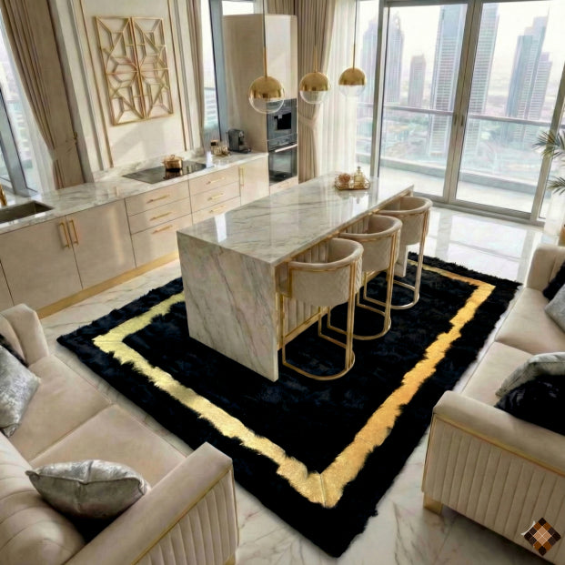 Elevate your space with a handmade black sheepskin rug framed in gold. Custom sizes available for a bold, luxurious feel underfoot.