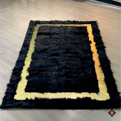 Midnight Black Sheepskin Area Rug with Gold Border Accent – Custom Luxury Statement Piece - WONDERFURRUG