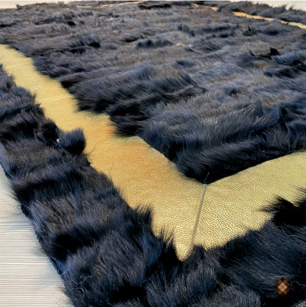 Midnight Black Sheepskin Area Rug with Gold Border Accent – Custom Luxury Statement Piece - WONDERFURRUG