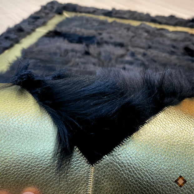 Midnight Black Sheepskin Area Rug with Gold Border Accent – Custom Luxury Statement Piece - WONDERFURRUG