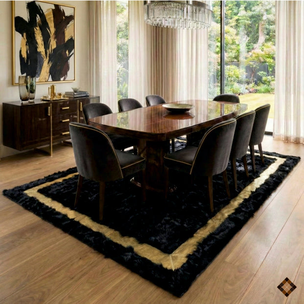 Midnight Black Sheepskin Area Rug with Gold Border Accent – Custom Luxury Statement Piece - WONDERFURRUG