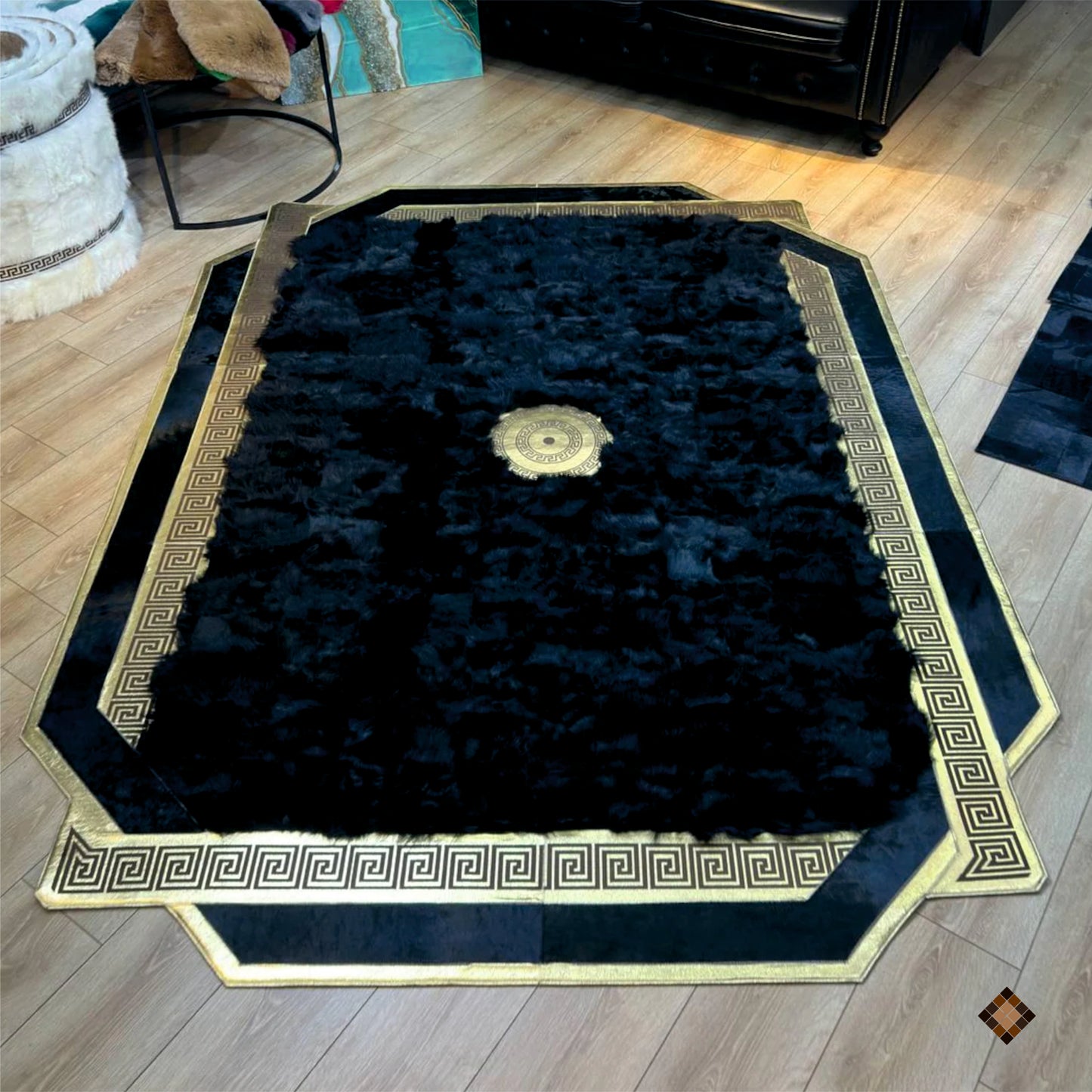 Midnight Black Sheepskin Area Rug with Gold Greek Key Frame & Medallion Accent