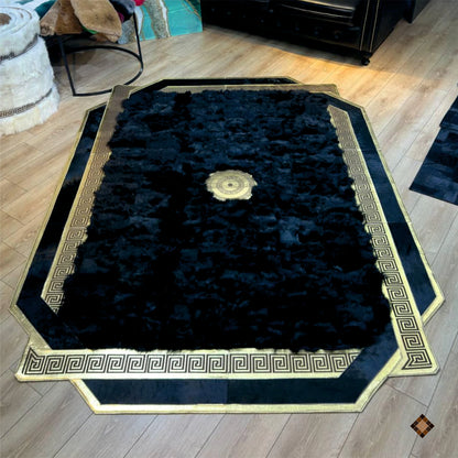 Midnight Black Sheepskin Area Rug with Gold Greek Key Frame & Medallion Accent