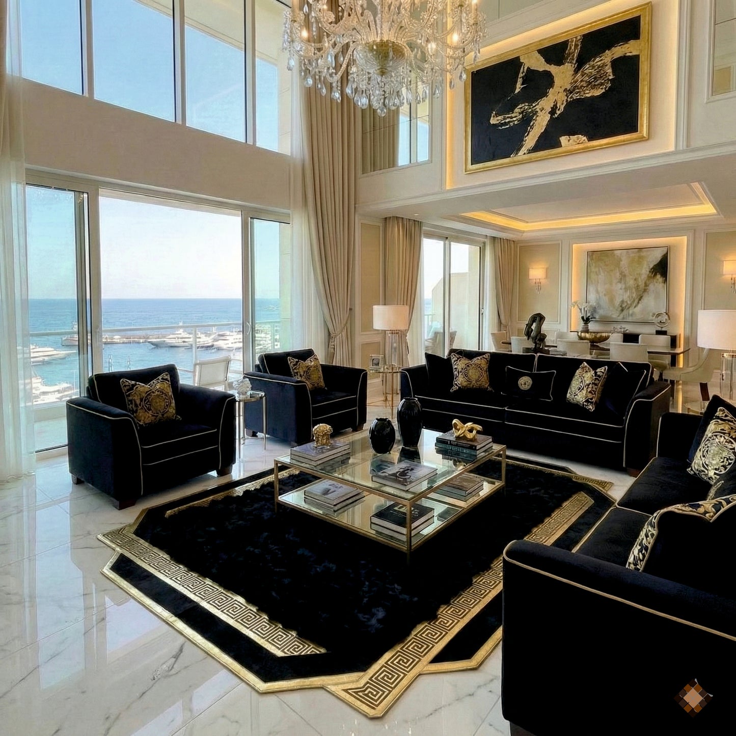 Midnight Black Sheepskin Area Rug with Gold Greek Key Frame & Medallion Accent