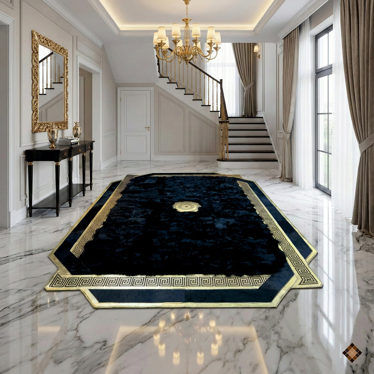 Midnight Black Sheepskin Area Rug with Gold Greek Key Frame & Medallion Accent