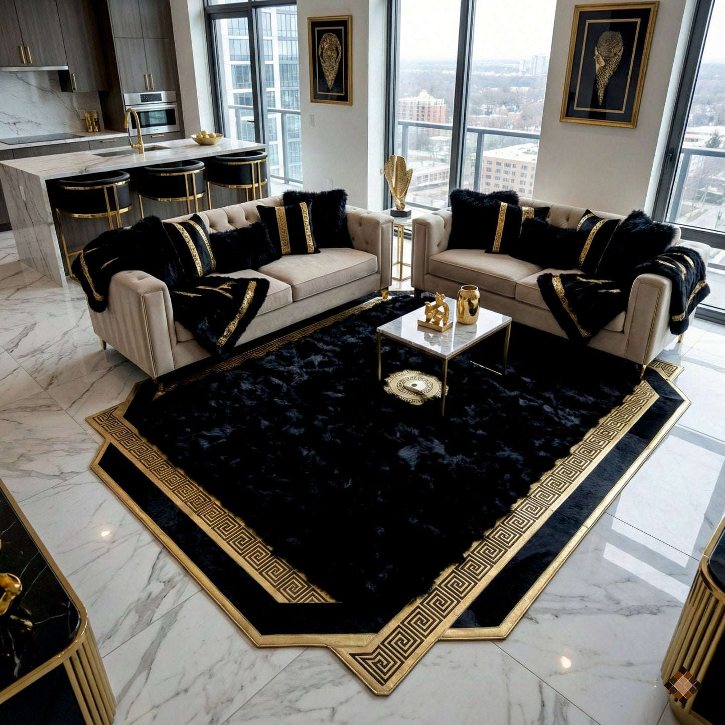 Midnight Black Sheepskin Area Rug with Gold Greek Key Frame & Medallion Accent