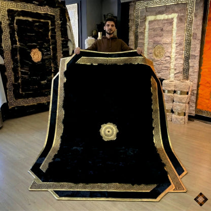 Midnight Black Sheepskin Area Rug with Gold Greek Key Frame & Medallion Accent